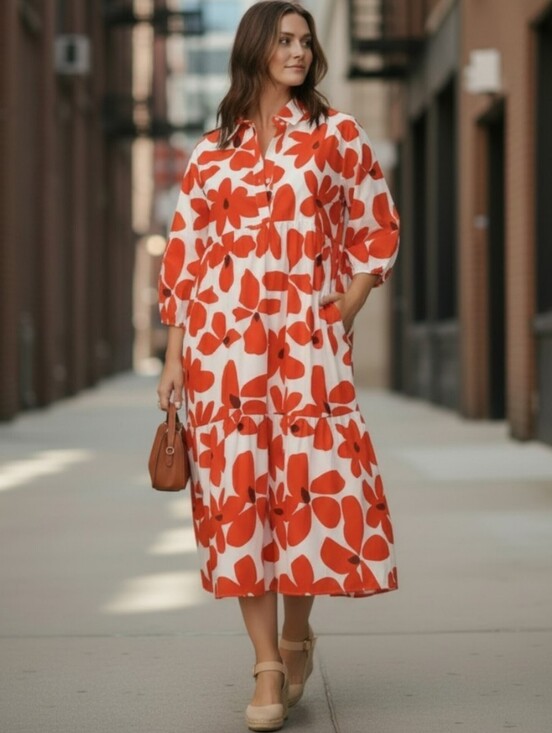 Maeve Dresses & Skirts - Maeve Anthropologie Xl tiered midi shirt dress 3/4 sleeves floral red bohemian